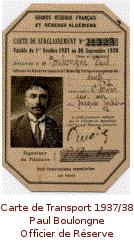 Carte de Transport 1937/38 Paul Boulongne Officier de Réserve