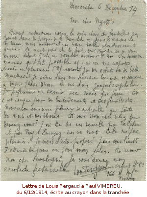 Lettre de Louis Pergaud à Paul VIMEREU, du 6/12/1914, écrite au crayon dans la tranchée